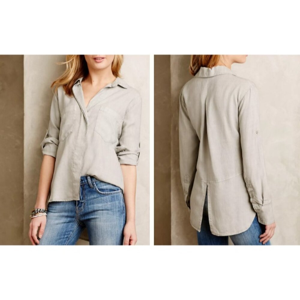 Cloth and Stone Anthropologie Shirt Button Front Size Small Gray Long Slit Back